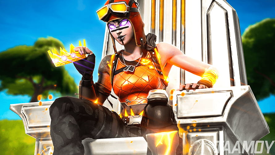 Blaze Fortnite Character Sitting on Throne with Crown and Goggles HD wallpaper