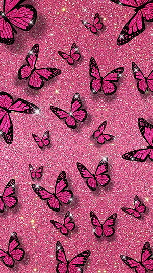 Pink Glitter Butterfly Pattern with Sparkling Accents and Black Outlines HD phone wallpaper