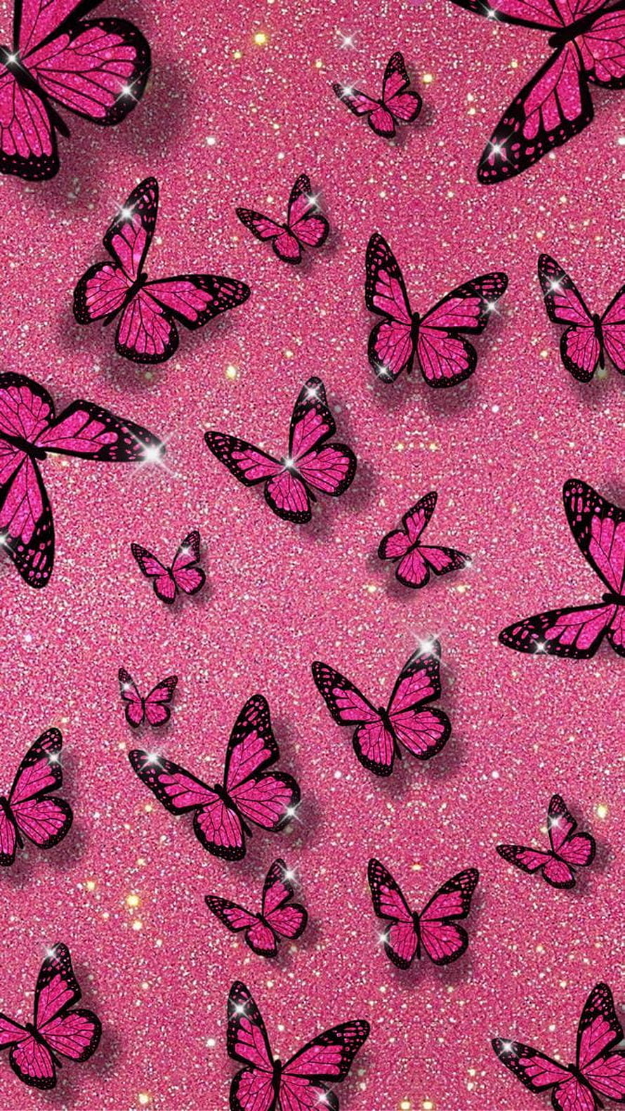 Pink Glitter Butterfly Pattern with Sparkling Accents and Black Outlines HD phone wallpaper