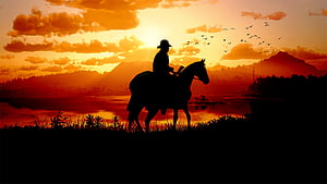 Red Dead Redemption 2 Silhouette of a Cowboy on Horseback at Sunset Over a Lake HD wallpaper