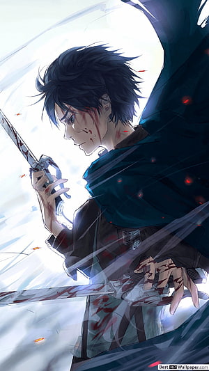 Eren Yeager from Attack on Titan wielding dual blades in a dramatic battle scene HD phone wallpaper