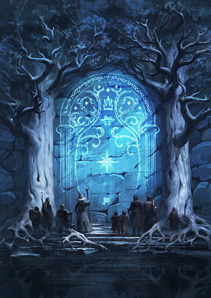 Moria Gate Fantasy Concept Art with Glowing Blue Rune Portal and Adventurers in Dark Forest HD phone wallpaper