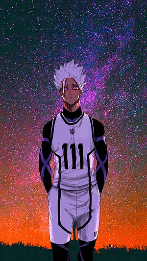 Blue Lock anime character in white number 111 jersey against a vibrant cosmic nebula background HD phone wallpaper