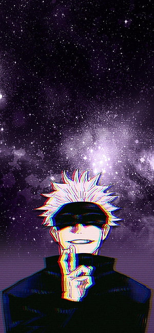Satoru Gojo from Jujutsu Kaisen with Glitch Effect Against a Starry Night Sky HD phone wallpaper
