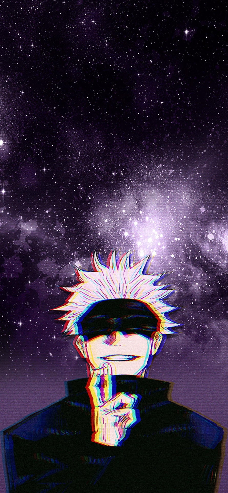 Satoru Gojo from Jujutsu Kaisen with Glitch Effect Against a Starry Night Sky HD phone wallpaper