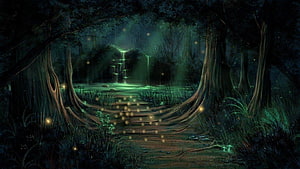Mystical Night Forest Path with Glowing Fireflies and Ethereal Green Light HD wallpaper