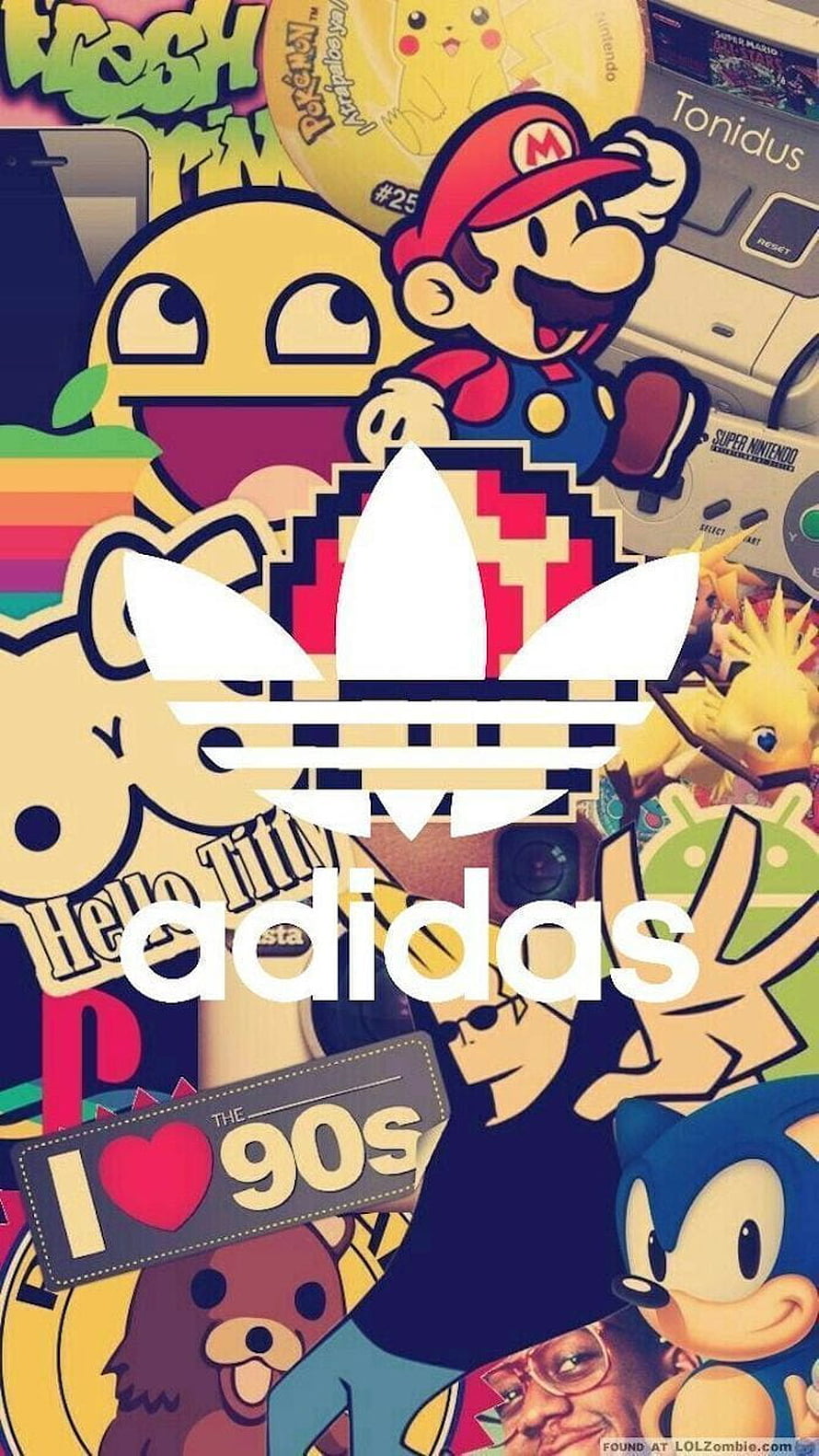Adidas x 90s Retro Gaming Collage Wallpaper Featuring Mario, Sonic, and Pikachu HD phone wallpaper