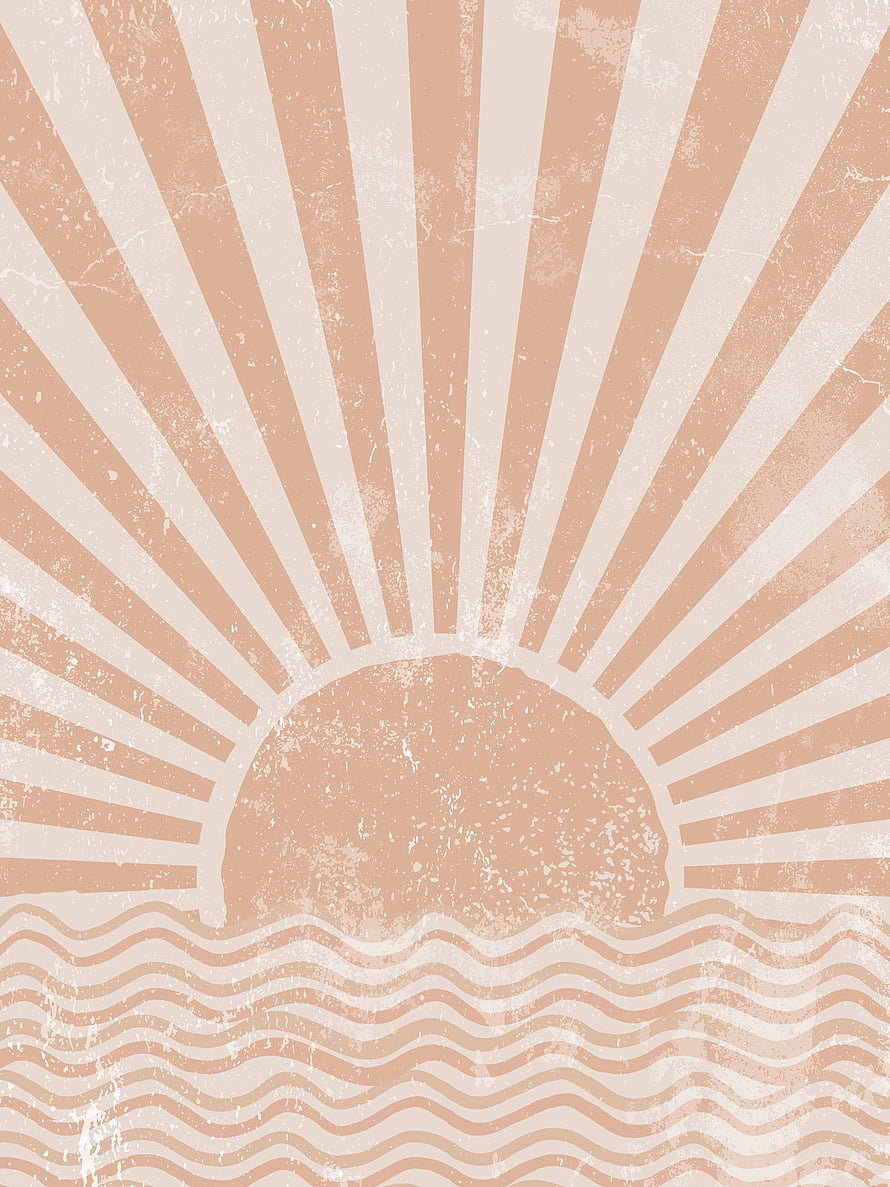 Minimalist Boho Sunburst Over Ocean Waves in Muted Terracotta and Cream Tones HD phone wallpaper