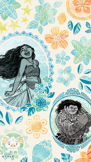 Moana and Maui Disney Style Floral Pattern Wallpaper HD phone wallpaper