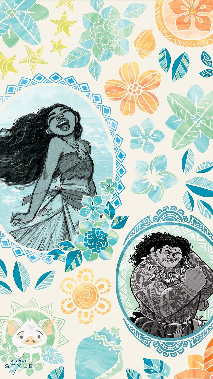 Moana and Maui Disney Style Floral Pattern Wallpaper HD phone wallpaper