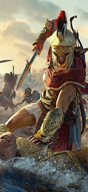 Spartan Warrior in Golden Armor and Red Plume Battling in Ancient Greek Combat HD phone wallpaper