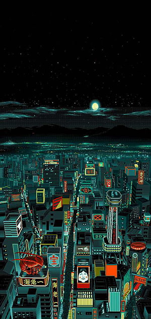 Japanese Pixel Art Cityscape at Night with Neon Signs and Moonlit Sky HD phone wallpaper