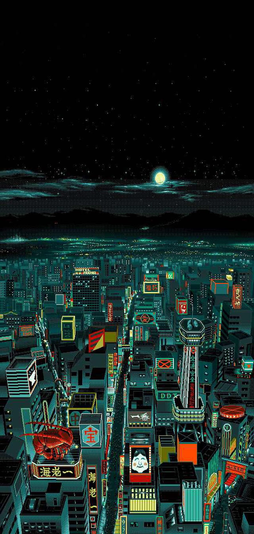 Japanese Pixel Art Cityscape at Night with Neon Signs and Moonlit Sky HD phone wallpaper