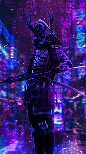 Cyberpunk Samurai Warrior in Neon Purple Cityscape with Katana and Japanese Kanji HD phone wallpaper