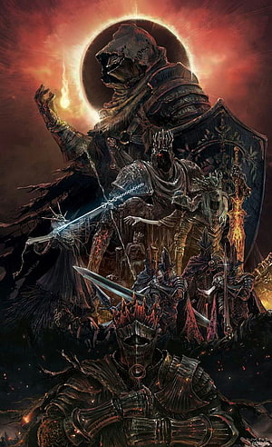 Dark Souls Bosses Fantasy Artwork Featuring Armored Knights and Fiery Eclipse HD phone wallpaper
