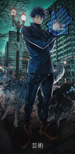 Megumi Fushiguro with Divine Dogs in a Neon-Lit City at Night HD phone wallpaper