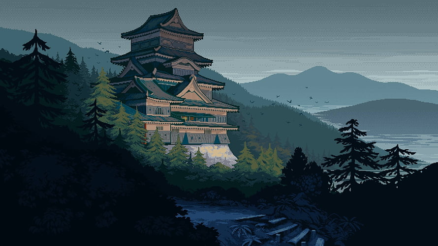 Japanese Castle in Misty Forest at Dusk, Stylized Digital Landscape Art HD wallpaper