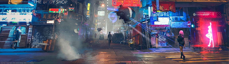 Neon-Lit Cyberpunk Alley with Flying Drone and Pink-Haired Figure HD wallpaper