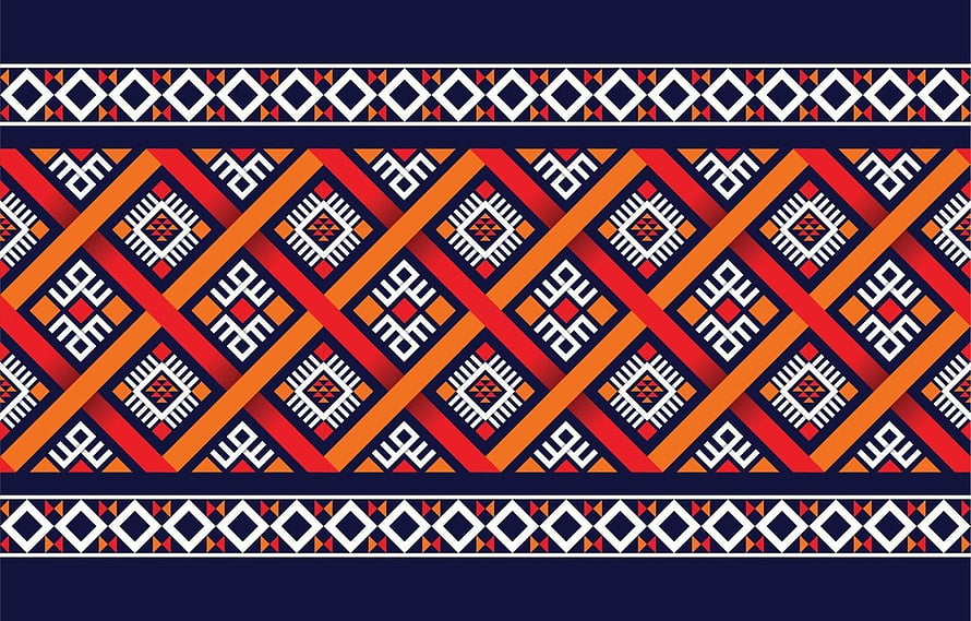 Vibrant Ethnic Geometric Pattern with Diamond and Cross Motifs in Red Orange and Navy HD wallpaper