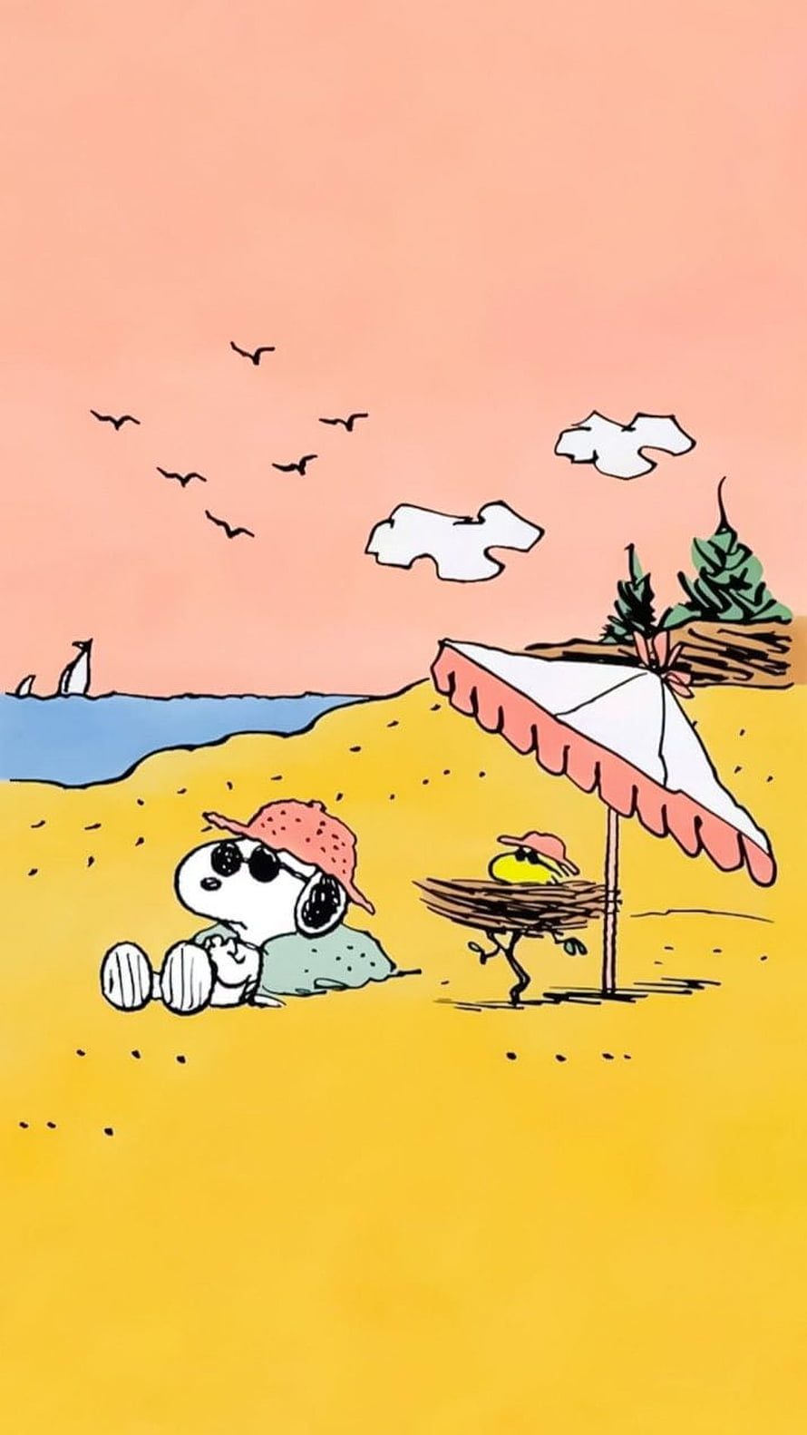 Snoopy and Woodstock at a Beachside Grill with Umbrella and Distant City Skyline HD phone wallpaper