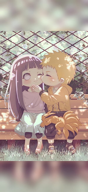 Cute Chibi Hinata and Naruto Sharing a Tender Moment on a Park Bench HD phone wallpaper