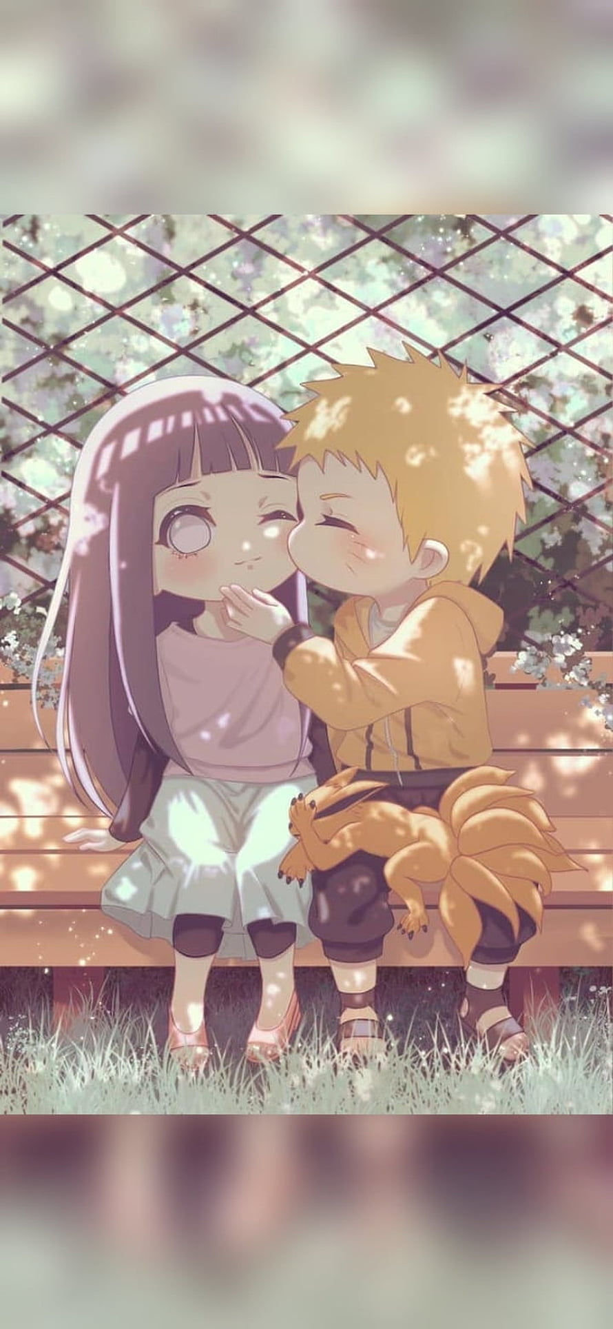 Cute Chibi Hinata and Naruto Sharing a Tender Moment on a Park Bench HD phone wallpaper