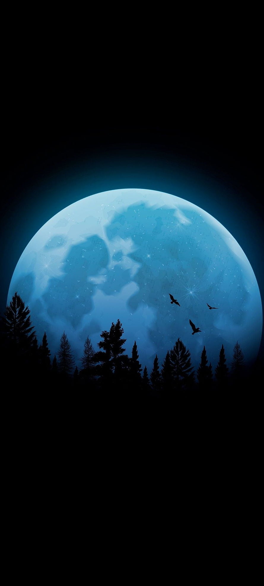 Glowing Blue Full Moon Rising Over Dark Pine Forest Silhouette at Night HD phone wallpaper