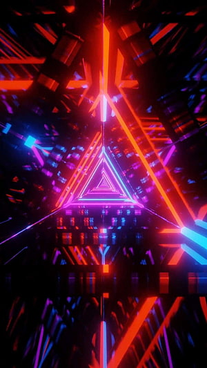 Neon Triangle Tunnel with Glowing Geometric Shapes in Red and Blue HD phone wallpaper