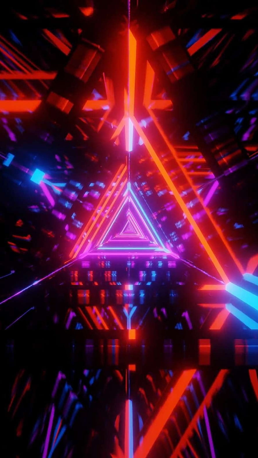 Neon Triangle Tunnel with Glowing Geometric Shapes in Red and Blue HD phone wallpaper