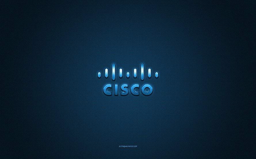 Cisco Corporate Logo with Glowing Blue Bars on Dark Carbon Fiber Background HD wallpaper