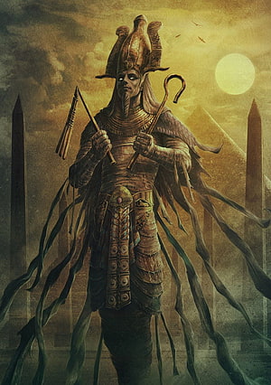 Osiris Egyptian God Digital Art with Ankh and Crook in Ancient Temple Setting HD phone wallpaper
