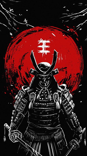Black and White Samurai Warrior with Dual Swords Against a Red Moon HD phone wallpaper