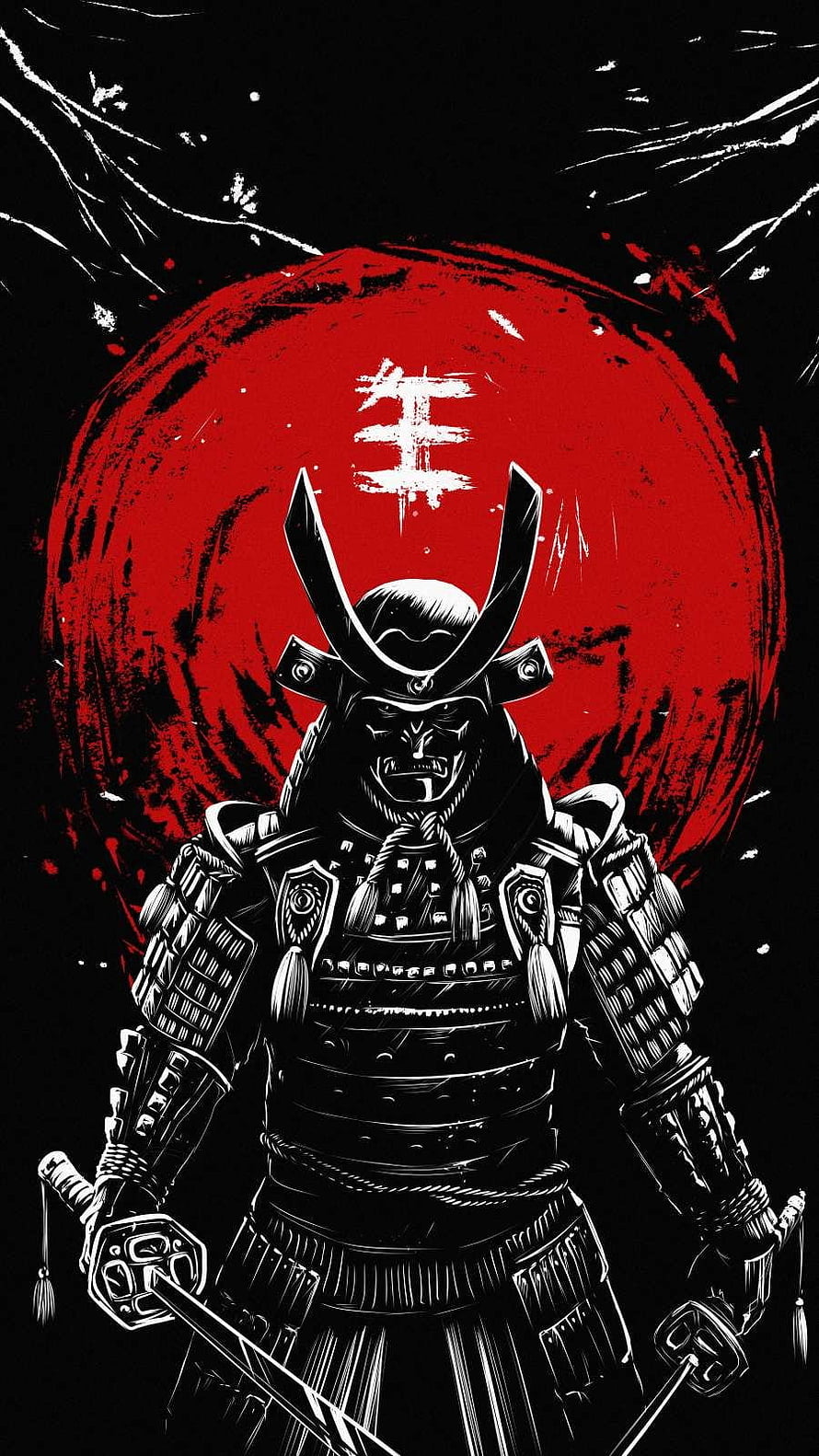 Black and White Samurai Warrior with Dual Swords Against a Red Moon HD phone wallpaper