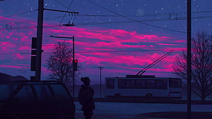 Melancholic Lo-Fi Cityscape with Vibrant Pink Clouds and Snowfall at Dusk HD wallpaper