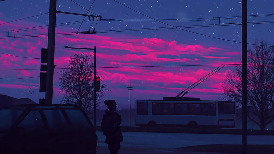 Melancholic Lo-Fi Cityscape with Vibrant Pink Clouds and Snowfall at Dusk HD wallpaper