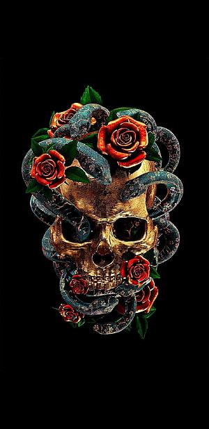 Golden Skull Adorned With Red Roses And Coiling Snakes On Black Background HD phone wallpaper