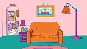 The Simpsons Springfield Living Room Interior with Orange Sofa and Pink Walls HD wallpaper