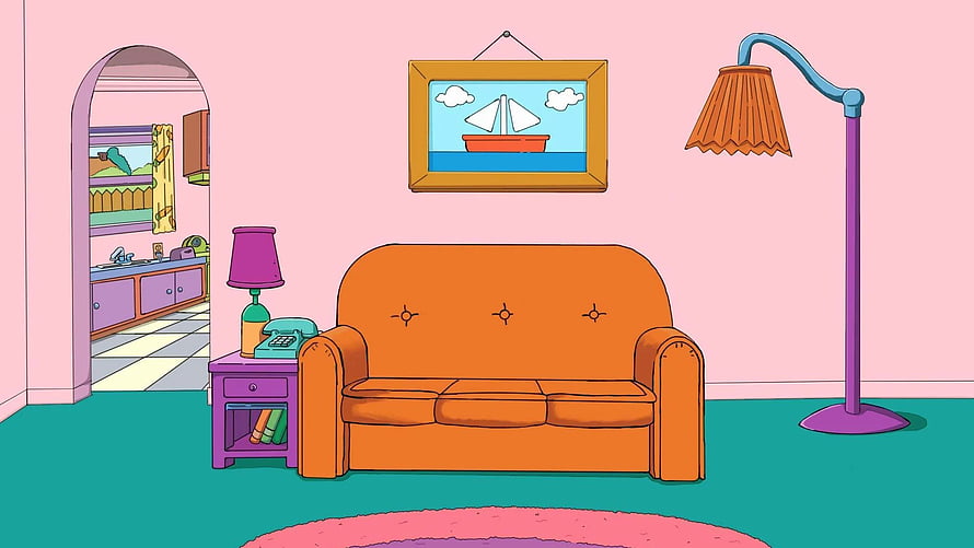 The Simpsons Springfield Living Room Interior with Orange Sofa and Pink Walls HD wallpaper