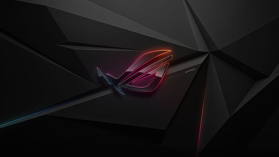 Asus ROG Strix Gaming Logo with Neon RGB Glow on Dark Geometric Background HD wallpaper