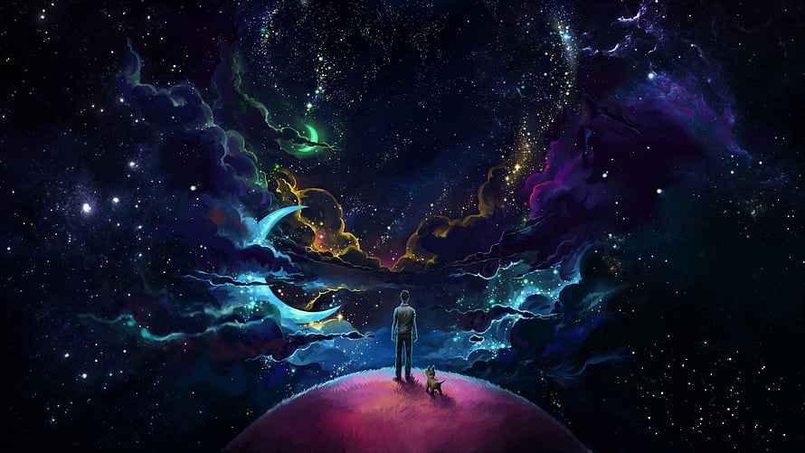 Man and Dog Standing on a Glowing Planet Under a Vibrant Cosmic Nebula HD wallpaper