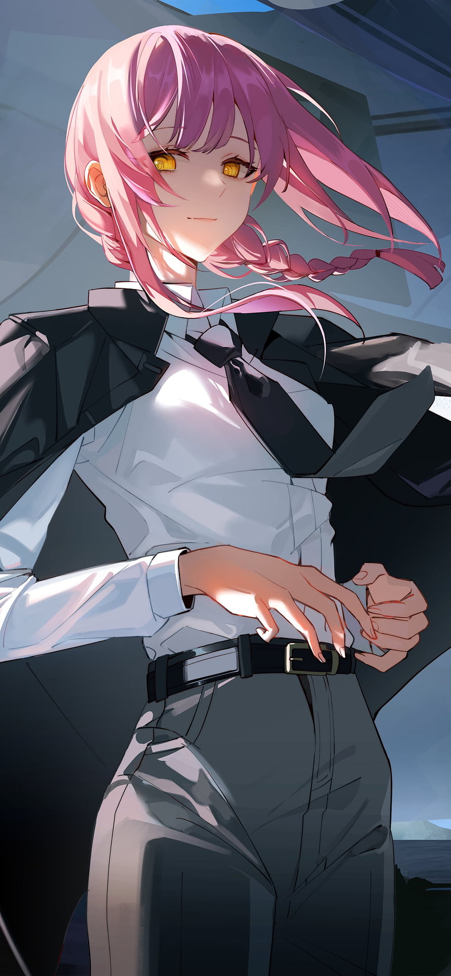 Makima from Chainsaw Man in a formal black suit and white shirt with pink hair HD phone wallpaper