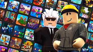 Two Roblox avatars standing in front of a colorful grid of game thumbnails HD wallpaper