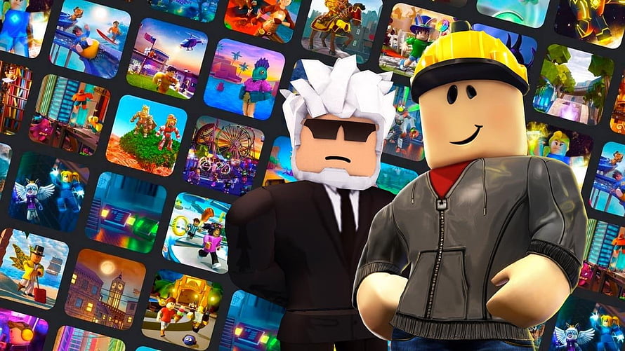 Two Roblox avatars standing in front of a colorful grid of game thumbnails HD wallpaper