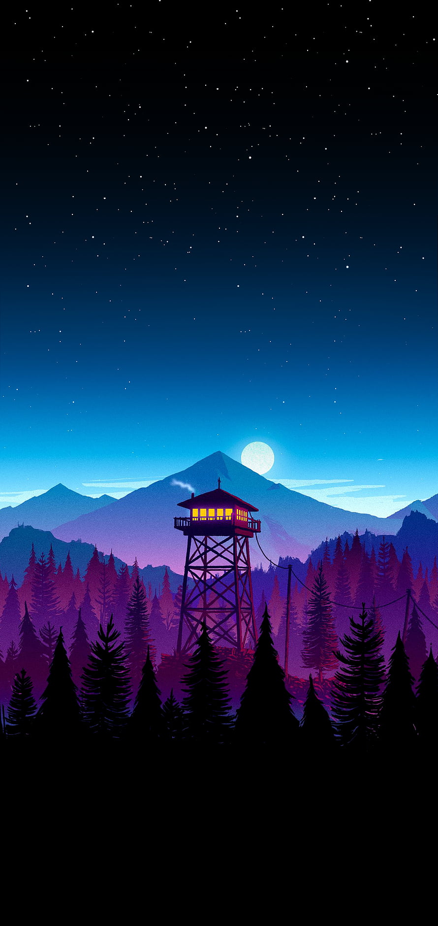 Firewatch Night Scene with Watchtower, Moonlit Mountains, and Starry Forest Sky HD phone wallpaper