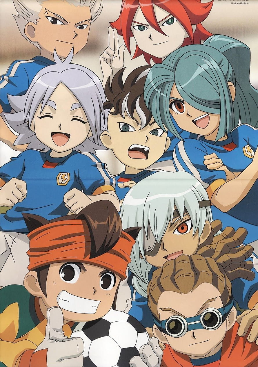Inazuma Eleven Anime Team Group Portrait with Soccer Ball and Blue Uniforms HD phone wallpaper