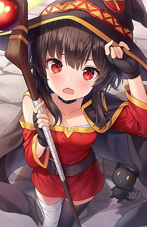 Megumin from KonoSuba in Red Witch Outfit Holding Staff with Black Cat HD phone wallpaper