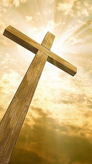 Weathered Wooden Christian Cross Silhouetted Against Golden Cloudy Sky HD phone wallpaper