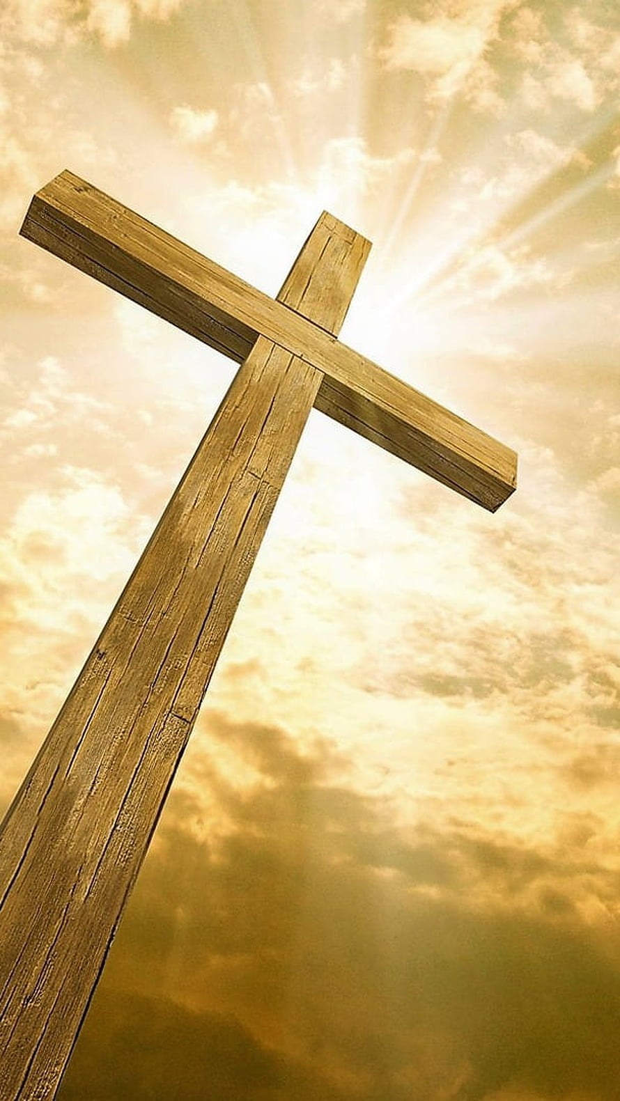 Weathered Wooden Christian Cross Silhouetted Against Golden Cloudy Sky HD phone wallpaper