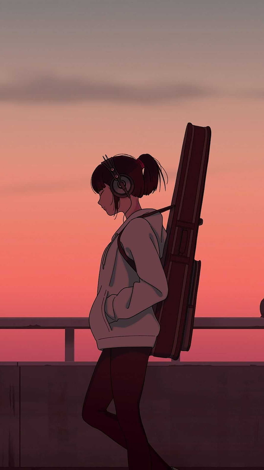 Anime Girl Walking at Sunset with Guitar Case and Headphones HD phone wallpaper