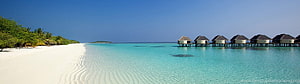 Tropical Overwater Bungalows on a Pristine White Sand Beach with Turquoise Lagoon HD wallpaper